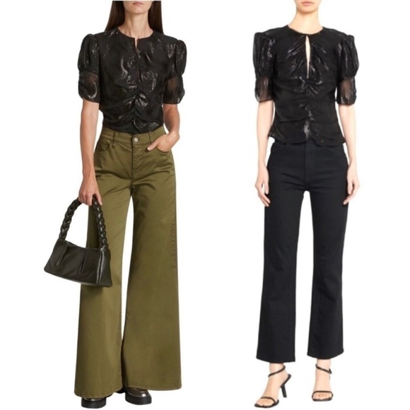 FRAME DENIM Ruched Metallic Jacquard Ruched Puff Short Sleeve Keyhole Blouse Top - Picture 3 of 11